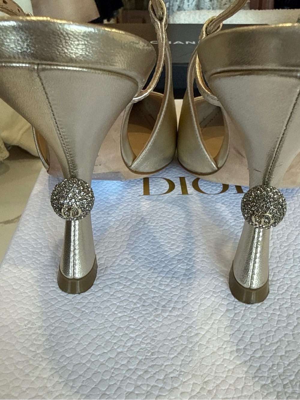 Dior Metallic Gold Pointed Slingback Heels with Crystal Heel Accent - Picture 4 of 12